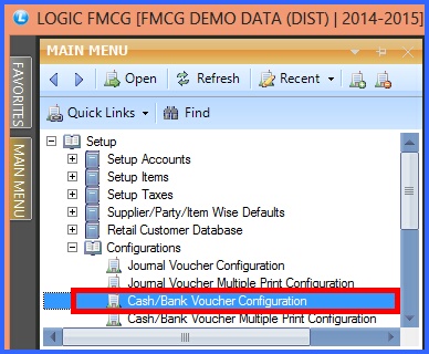 fmcg cash bank voucher configuration menu